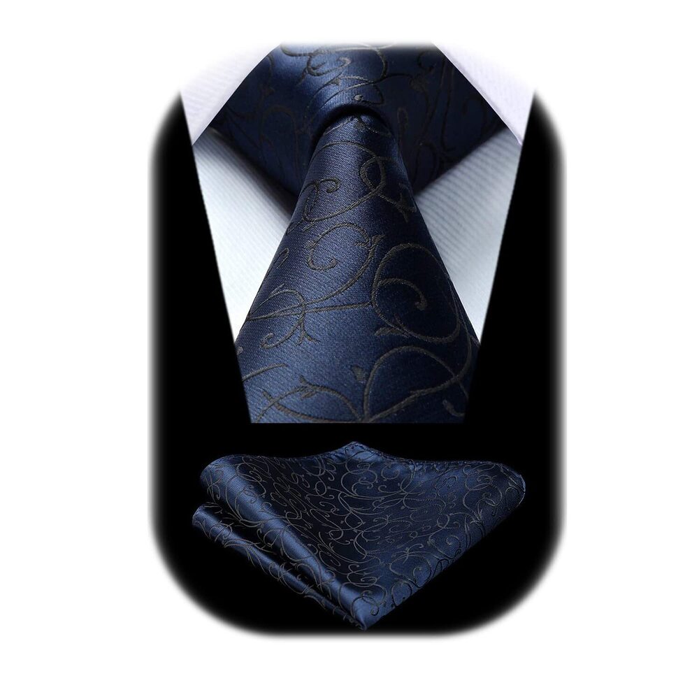 3504 Navy Ties Classic Blue Floral Tie Woven Silk Necktie Pocket Suqare Set